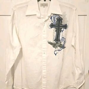 Vintage Cross Dove Button Up Shirt Mens Large Long Sleeve Graphic Casual